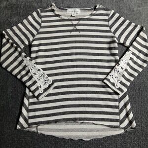 French Laundry Grey White Striped Lace Sleeve Top High Low Hem Medium